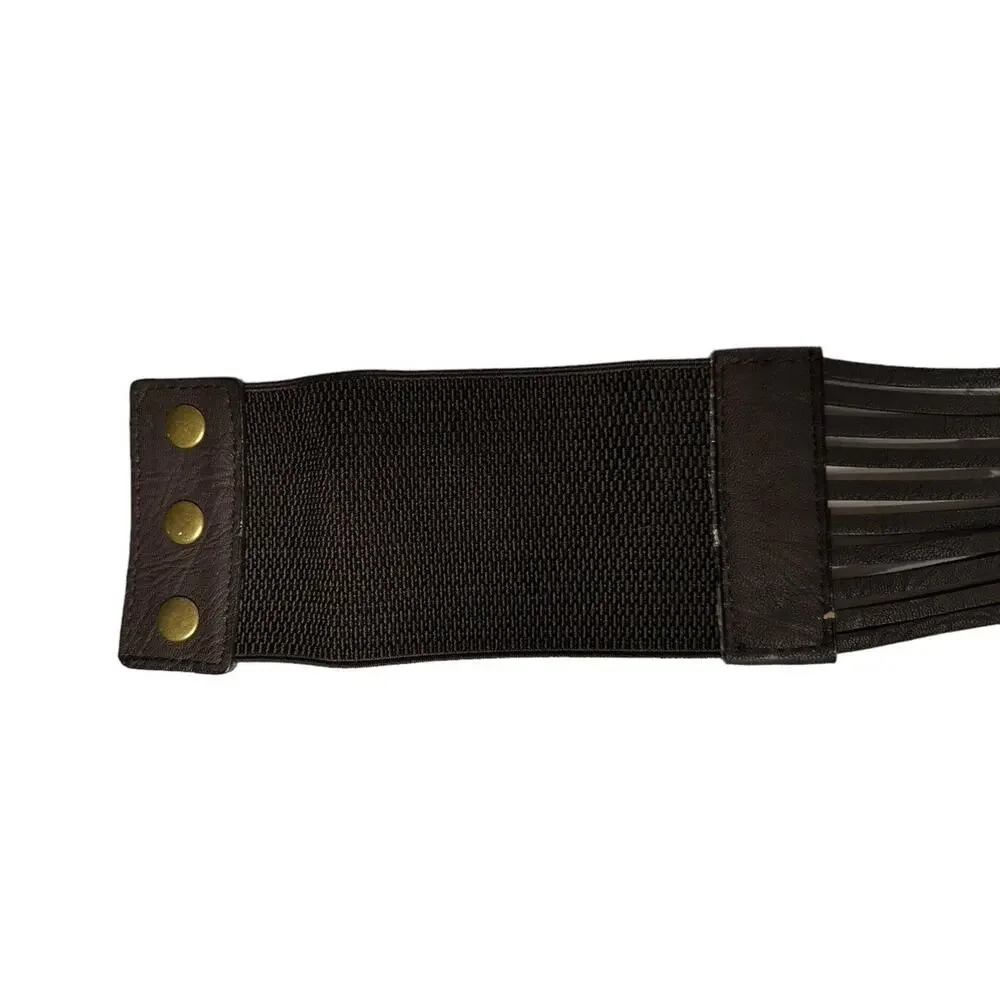 Vintage ANGIE Wide Brown Beaded Faux Leather Elastic Stretch Snap Closure‎ Belt